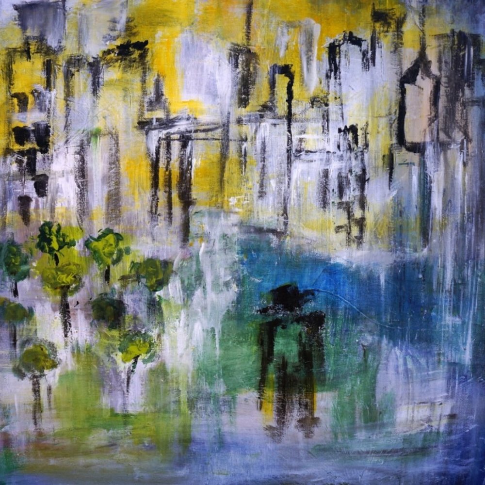 Abstract Painting of Man & City Blue Green Yellow